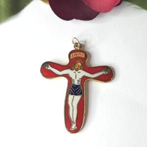 Vintage Red Cloisonné Enamel Gold Tone Cross Pendant or Charm Jewelry Making